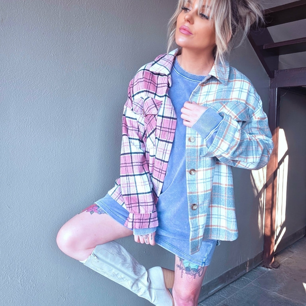 Pink And Gray Color Block Plaid Shacket - Picture 6 of 8